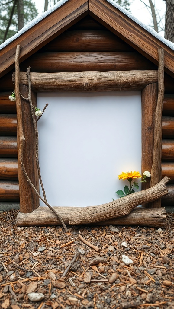 A rustic wooden picture frame with flowers, set against a log cabin background.