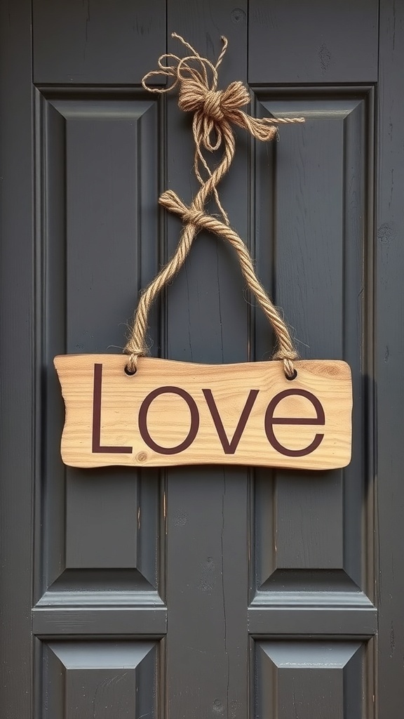 A rustic wooden sign that says 'Love' hanging on a door.