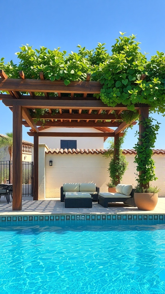 A rustic wooden pergola with greenery overhang, providing shade near a swimming pool.