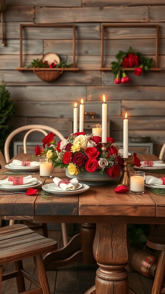 A rustic wooden table beautifully decorated for Valentine's Day with flowers, candles, and elegant table settings.