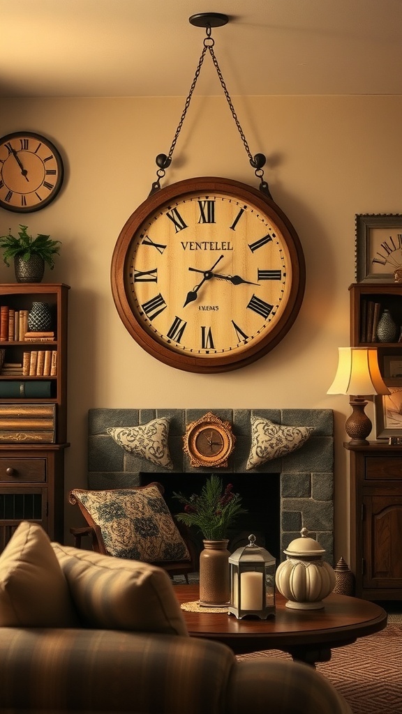 A rustic wooden wall clock hanging in a cozy living room setting.