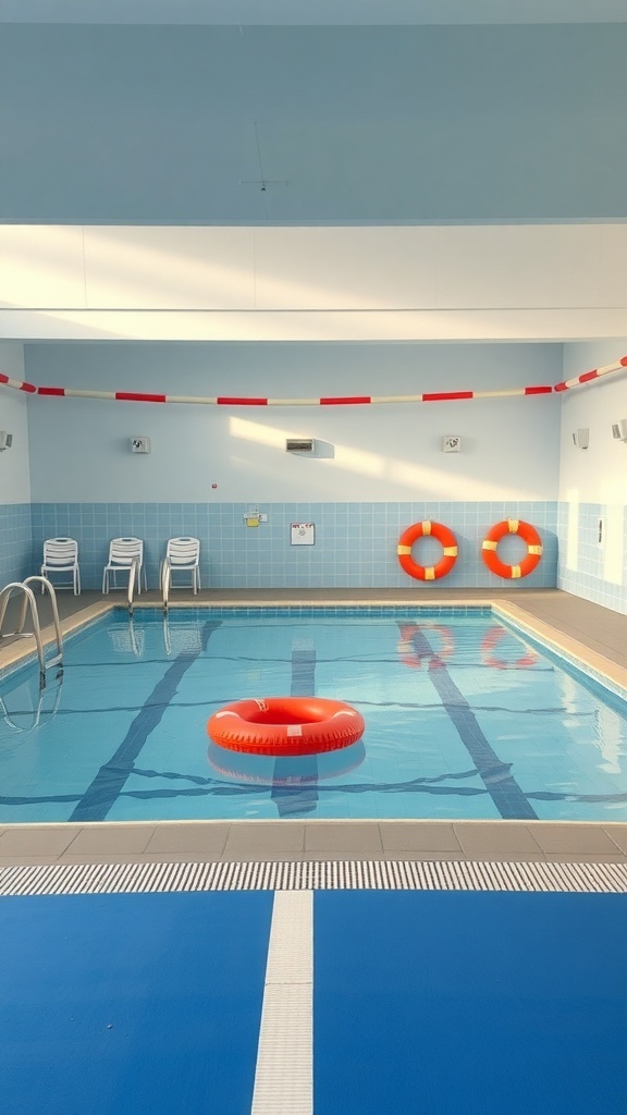 Indoor swimming pool with life rings and safety measures