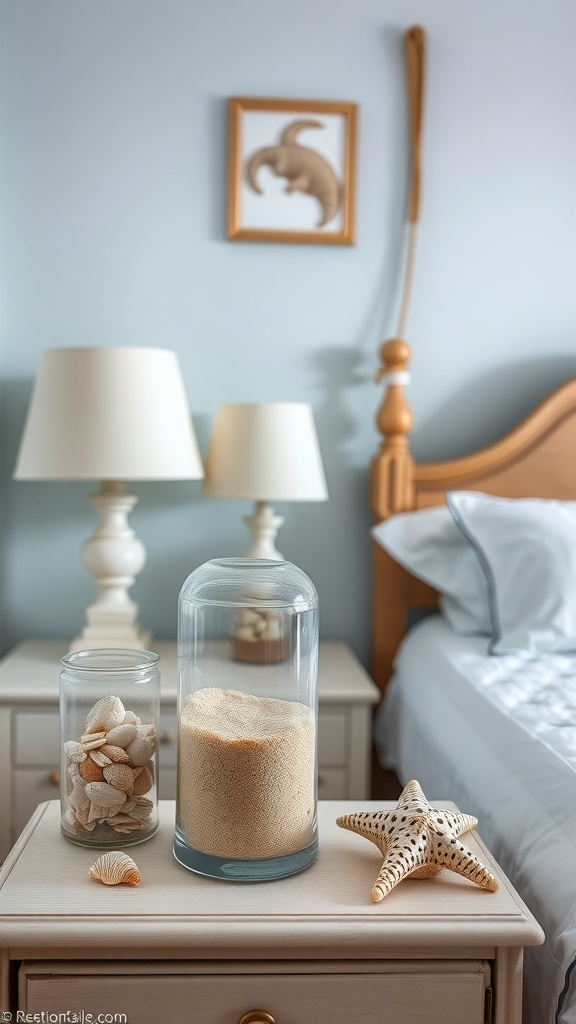 A beach-themed bedroom nightstand with decorative jars of sand and seashells, and a starfish.