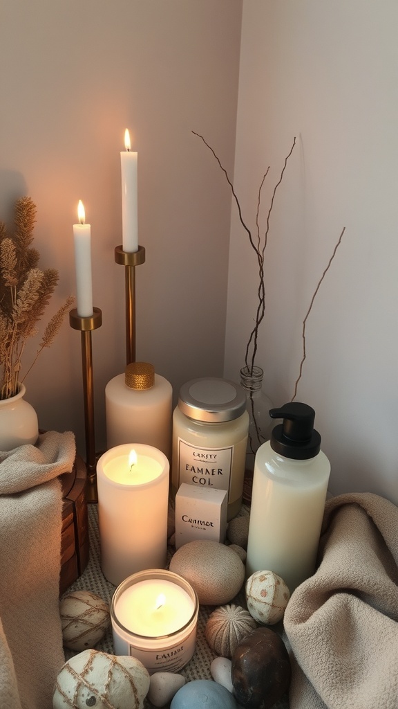 An arrangement of scented candles and decorative items for home decor.