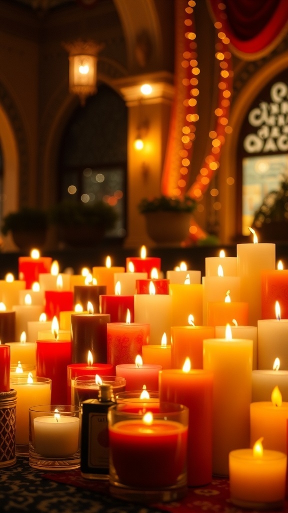 A display of various scented candles glowing warmly in a kitchen setting, creating a cozy atmosphere.