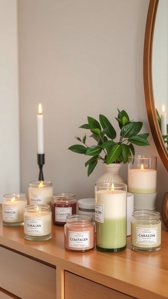 A selection of scented candles on a wooden dresser, featuring various shapes and sizes, with a plant and a mirror in the background.