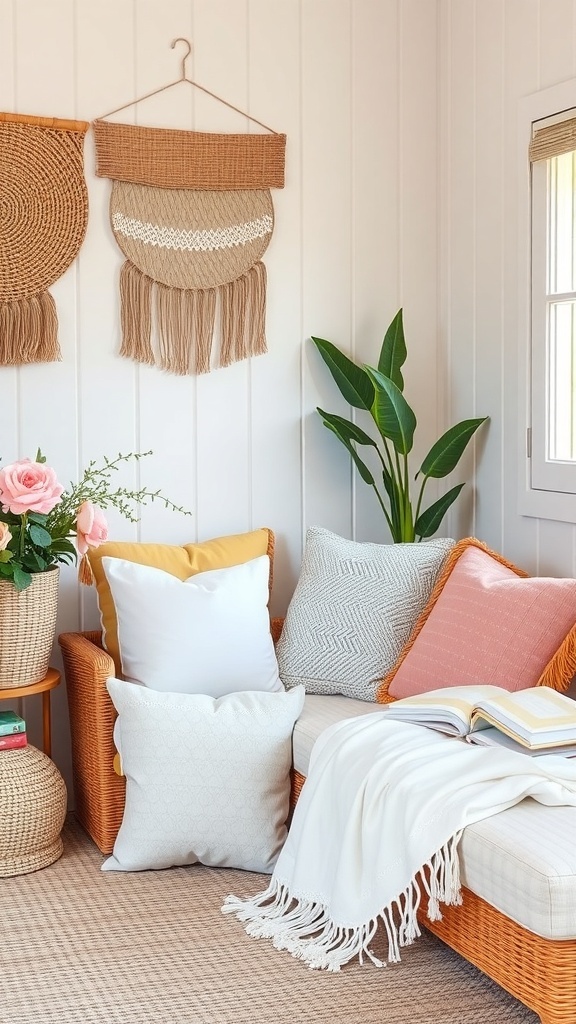 A cozy summer room with an orange wicker sofa, colorful pillows, a white blanket, and decorative wall hangings.