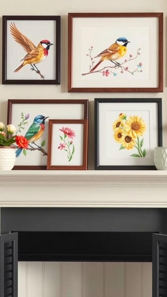 A collection of framed bird and flower artwork displayed on a mantle.