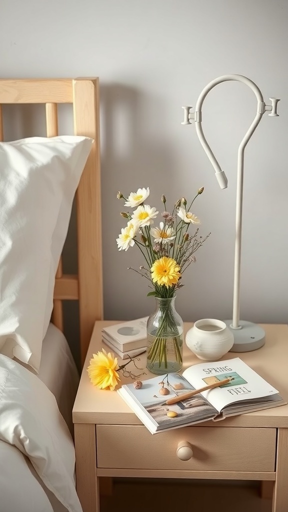 A cozy bedside table with flowers, a book, and a lamp