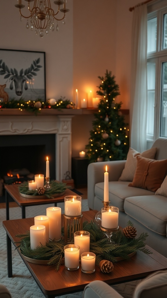 A cozy living room with candle arrangements and greenery.