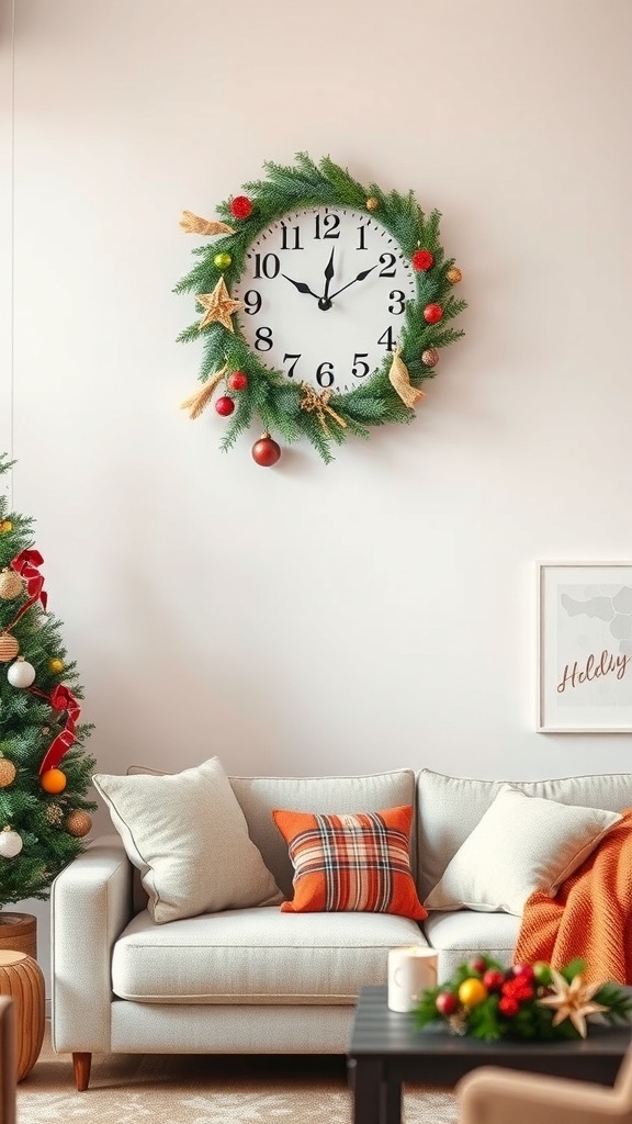 A wall clock decorated with greenery and ornaments, hanging above a cozy sofa in a festive living room.