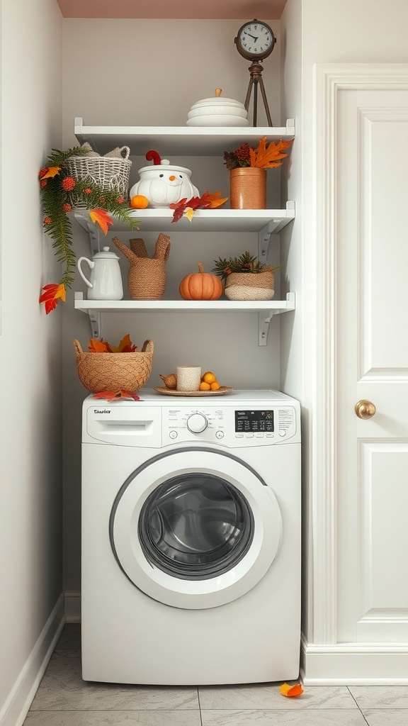 Decorated laundry room shelves with seasonal autumn decor, including pumpkins, leaves, and a clock.