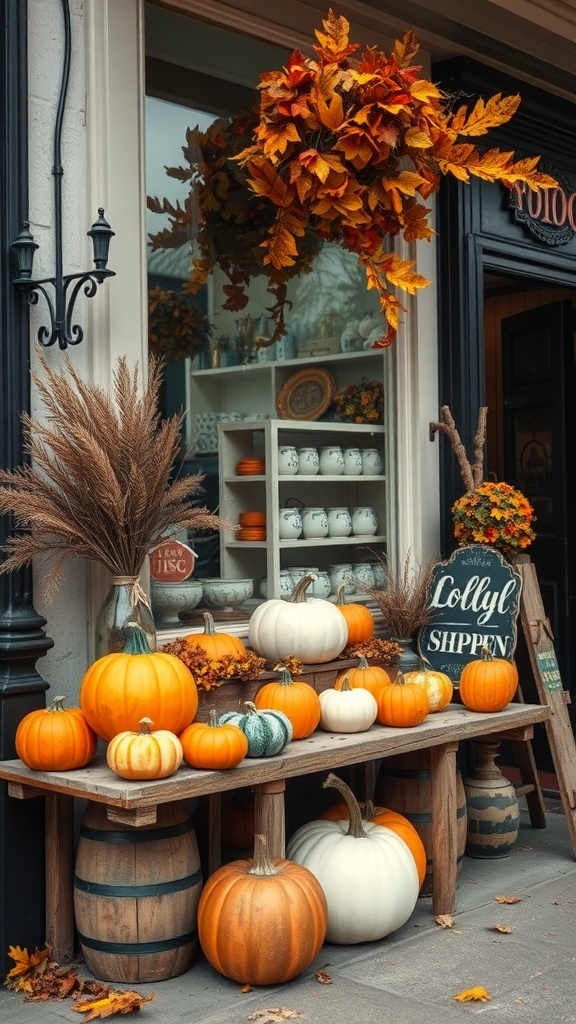 A vintage shop display featuring pumpkins and autumn leaves, creating a cozy fall atmosphere.
