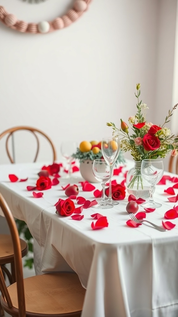 A beautifully set Valentine's Day table with rose petals, a floral arrangement, and elegant glassware.