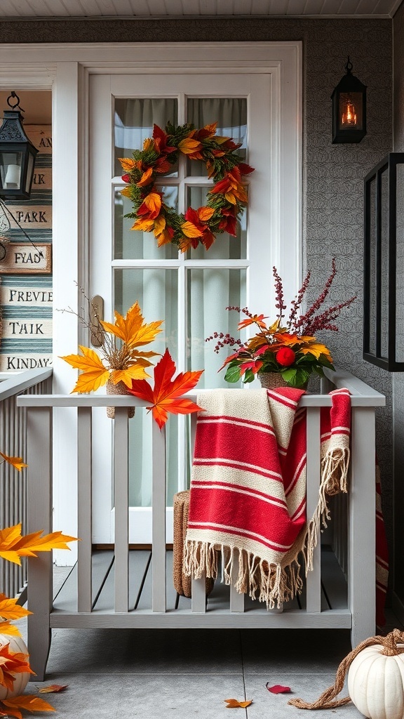 A small balcony decorated for fall with a wreath, blanket, and autumn leaves.
