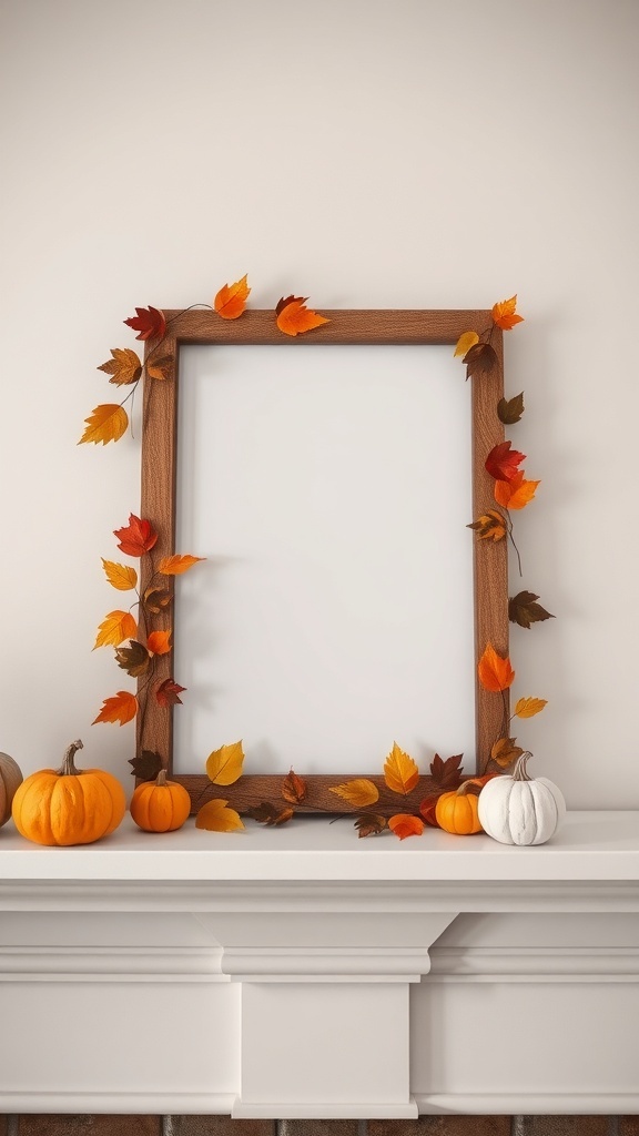 A wooden picture frame decorated with autumn leaves and small pumpkins on a mantel.