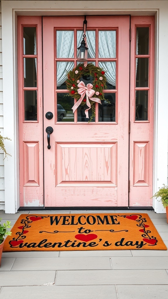 A pink door with a wreath and a seasonal Valentine's Day door mat.