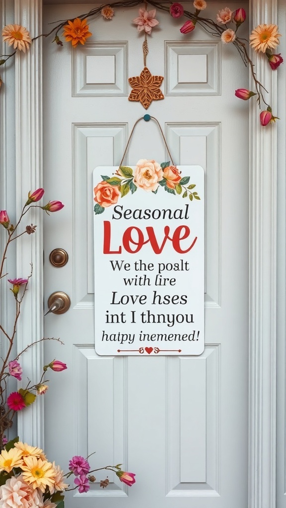 A decorative door hanger with the text 'Seasonal Love' surrounded by colorful flowers.