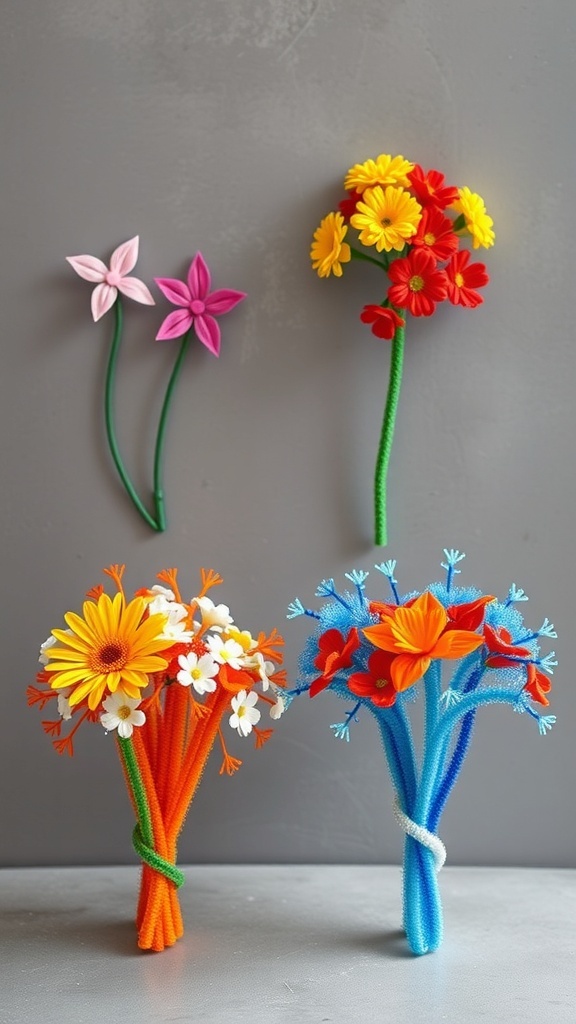 Colorful pipe cleaner bouquets featuring pink, orange, and blue flowers.