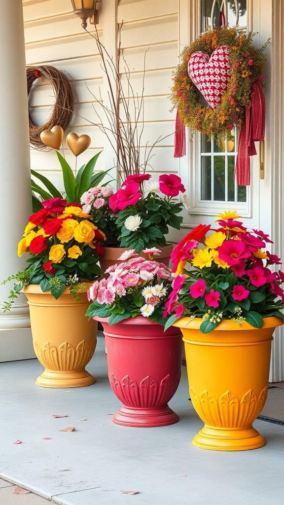 Colorful planters with heart accents on a front porch for Valentine's Day.