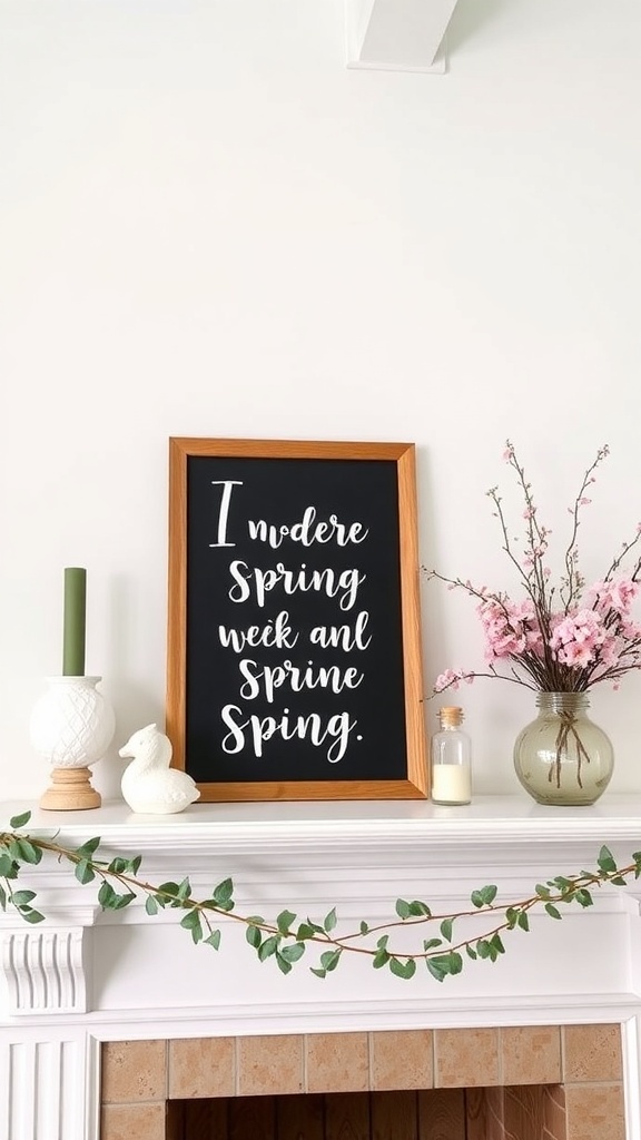 A spring-themed mantle decor featuring a quote on a blackboard surrounded by flowers and greenery.