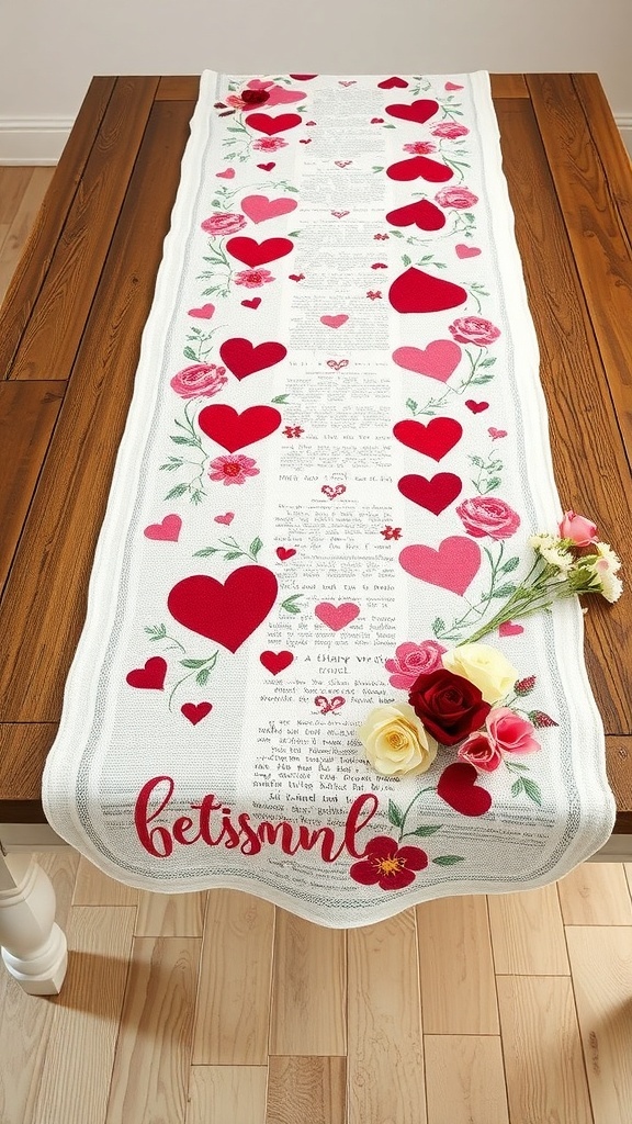 A seasonal table runner with red hearts and floral designs on a wooden table.