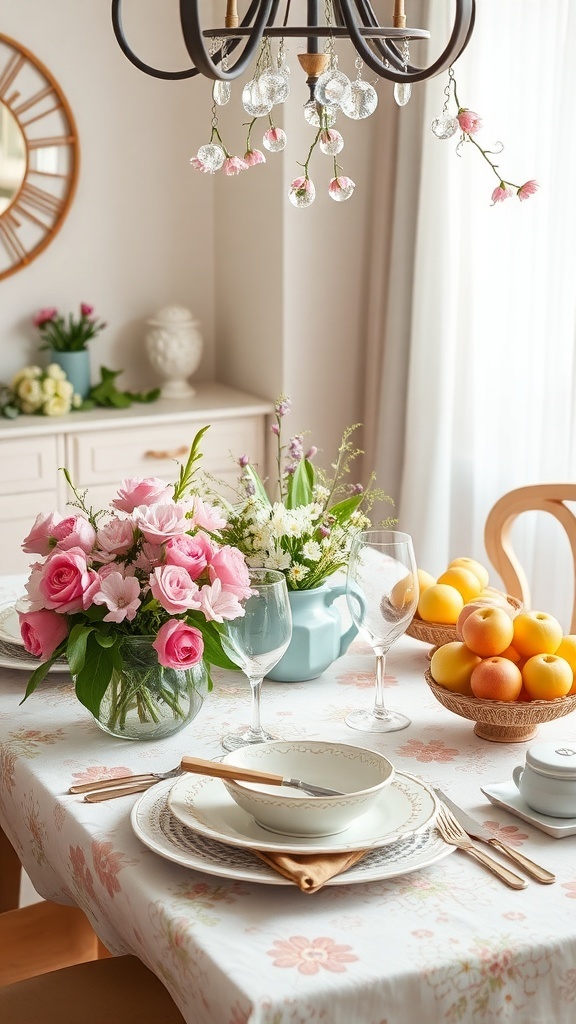 A beautifully set table with flowers, fruits, and elegant dishware for spring decor.