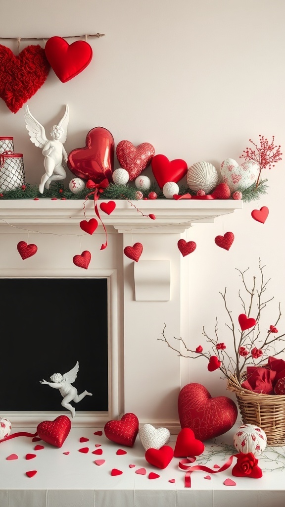 A Valentine's Day themed mantel decor featuring hearts, an angel figurine, and rose petals.
