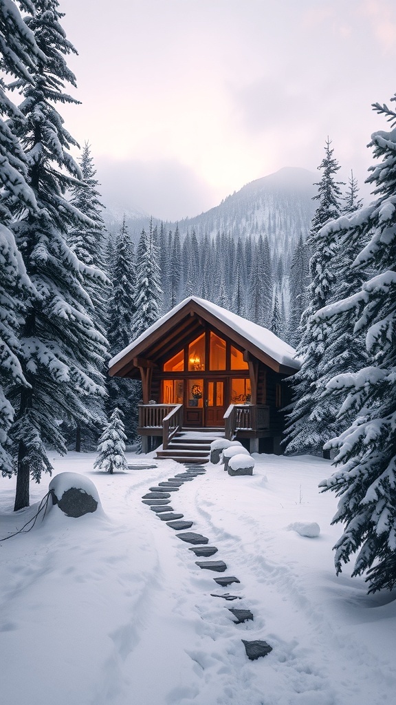 A cozy cabin in a snowy mountain landscape, surrounded by tall trees.