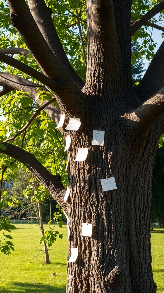 A tree with notes attached, showcasing messages for a Secret Admirer Tree.