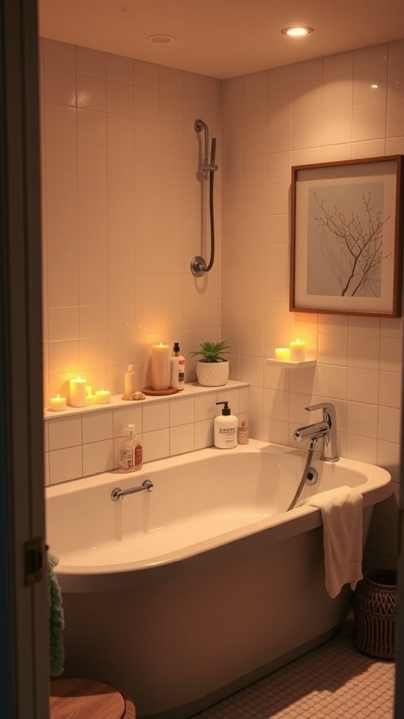 Cozy bathroom with a bathtub, candles, and soft lighting