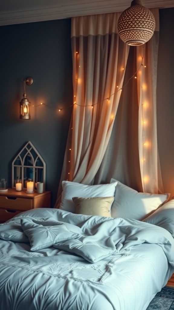 A serene bedroom decorated for Ramadan with soft blue bedding, warm lighting, and cozy decor.