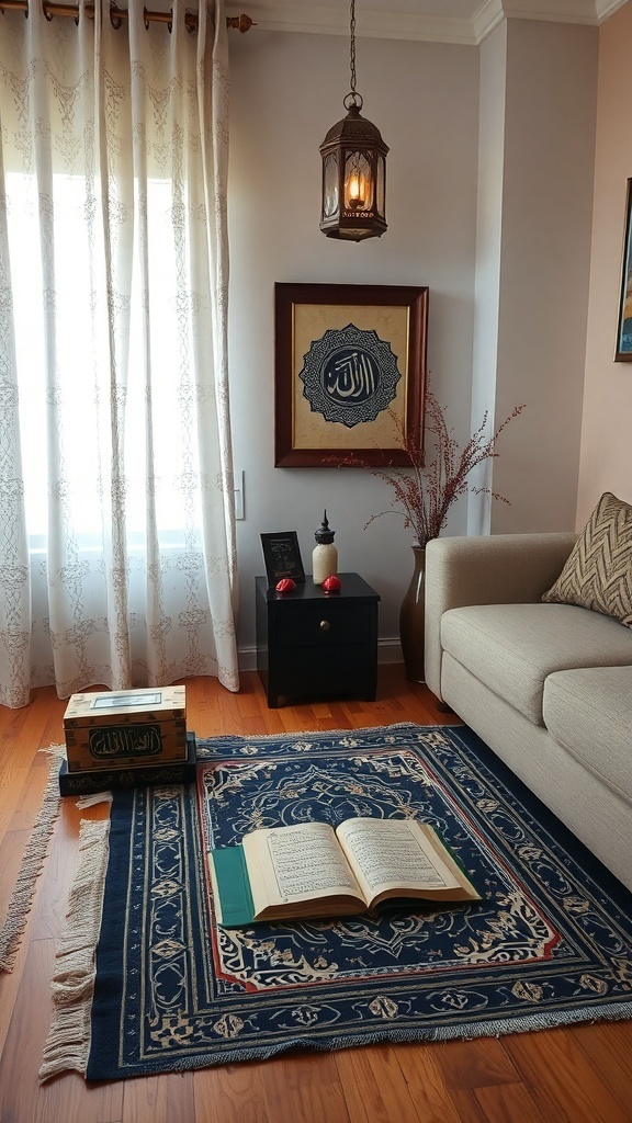 A cozy prayer corner with a rug, an open Quran, a lantern, and Arabic calligraphy on the wall.