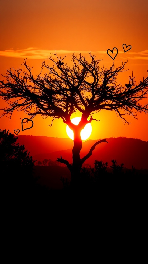 Silhouette of a tree with hearts against a sunset