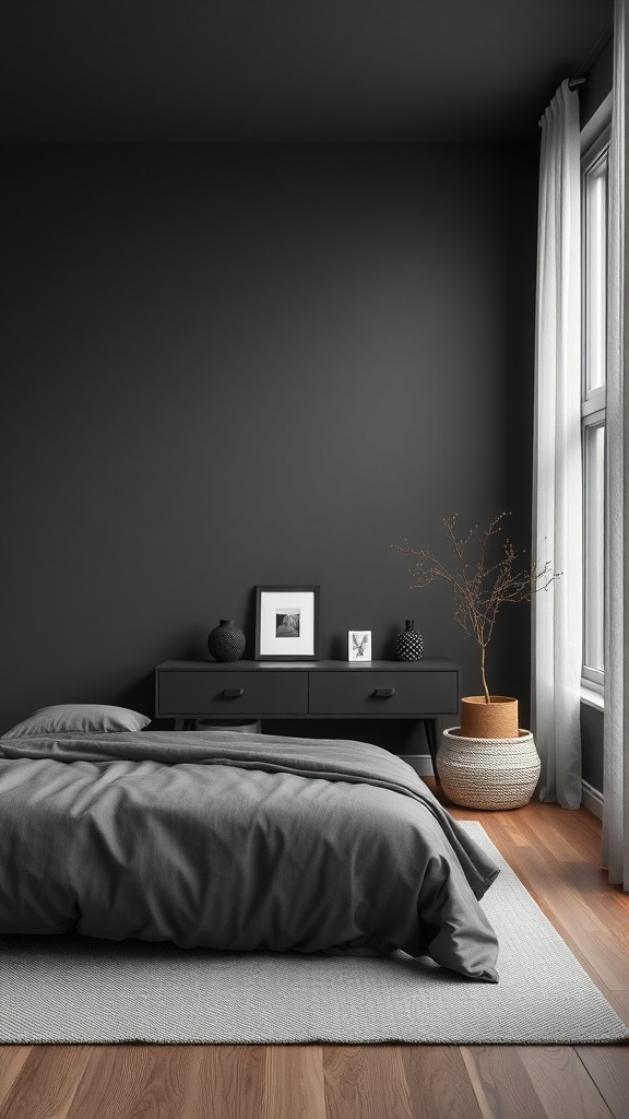 A sleek dark grey bedroom with minimalist decor, featuring a bed, nightstand, and decorative elements.