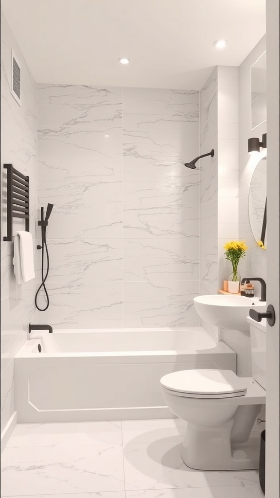 A small master bathroom featuring a bathtub, shower, and modern fixtures.