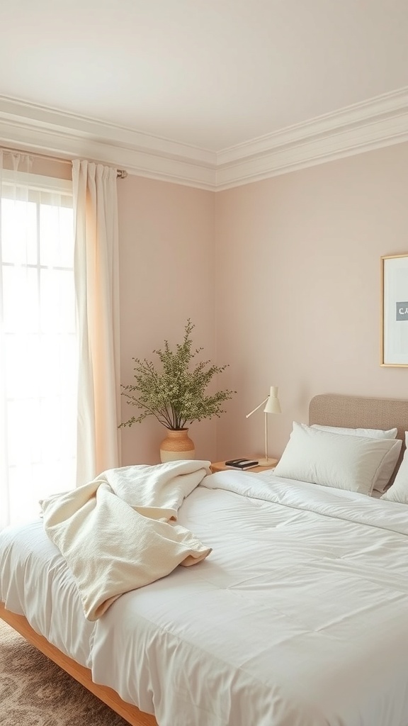 A cozy bedroom with light pink walls, white bedding, and a potted plant, creating a soft color palette.