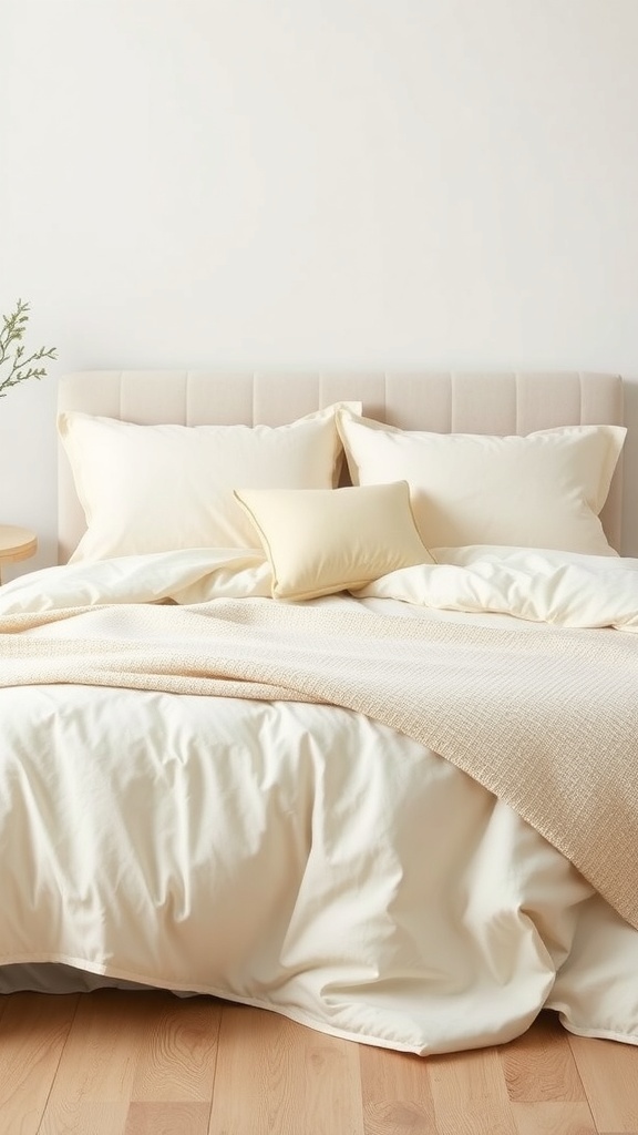 A cozy bedroom featuring soft cream textiles, including a plush duvet and decorative pillows, creating a warm and inviting atmosphere.