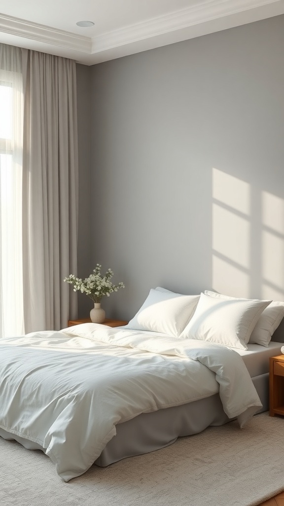 A serene bedroom featuring soft grey walls, white bedding, and natural light.