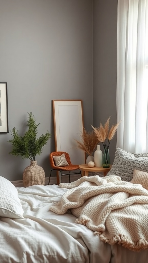 A cozy bedroom with soft grey walls, warm accents, and natural light.