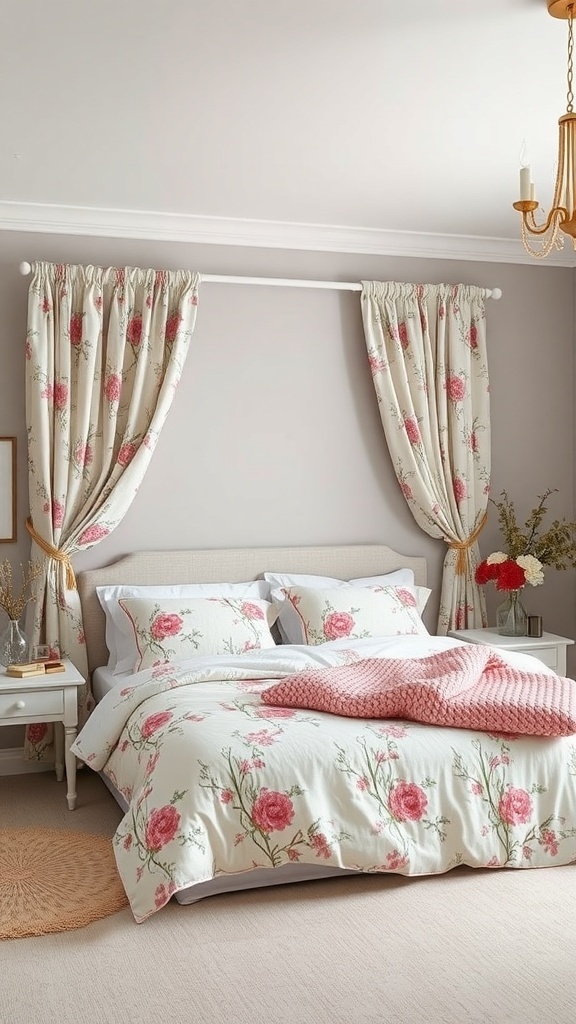 A cozy grey bedroom featuring floral patterned bedding and curtains, with soft textures and a warm atmosphere.