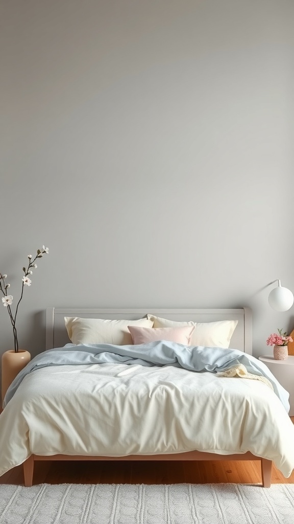 A soft grey bedroom featuring a bed with light grey bedding, pastel blue and pink pillows, and a minimalist design.