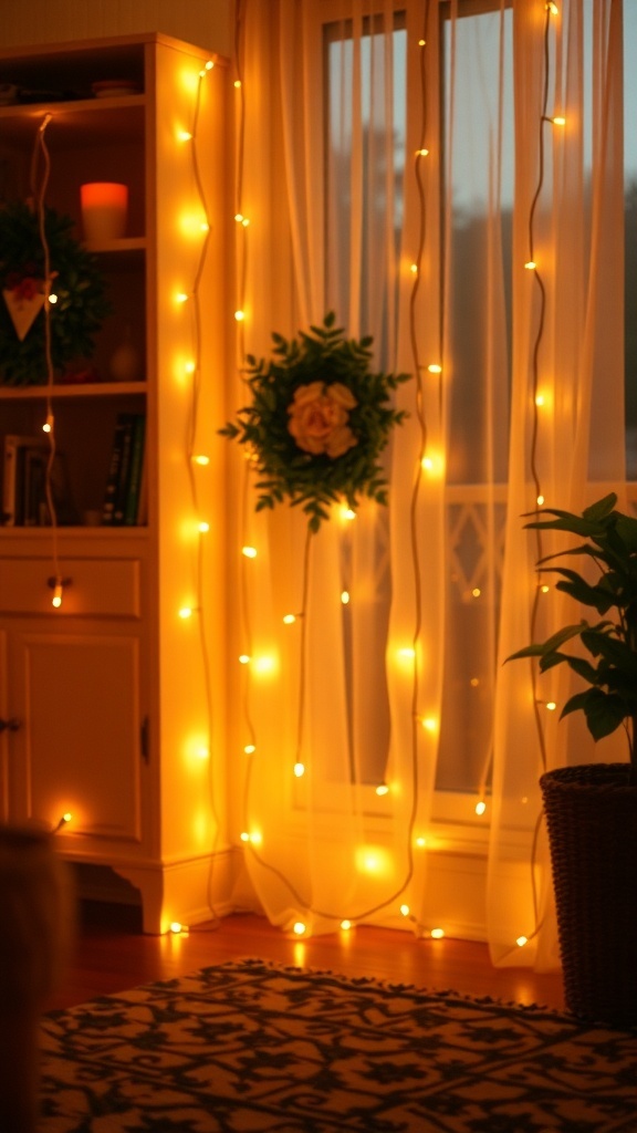 A cozy room with warm string lights draped over sheer curtains, enhancing the decor with a soft glow.
