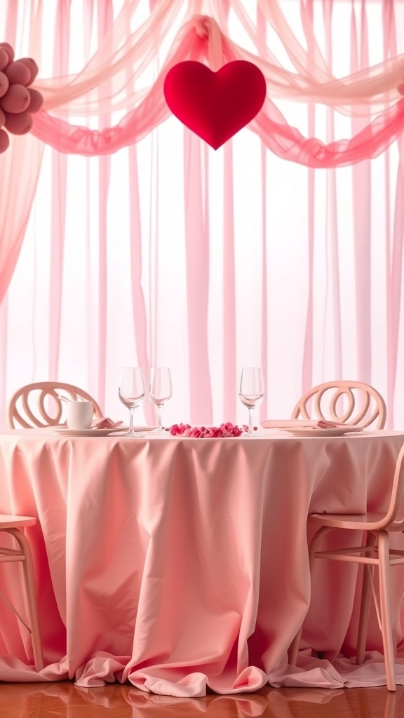 A romantic table setting with soft pink linens, red accents, and heart decorations.
