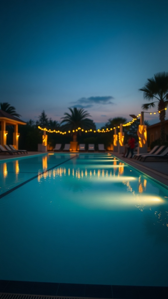 A beautifully lit pool area at night with solar-powered lights