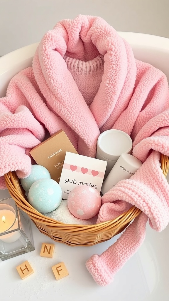 A cozy self-care basket featuring a pink robe, colorful bath bombs, a candle, and skincare products.