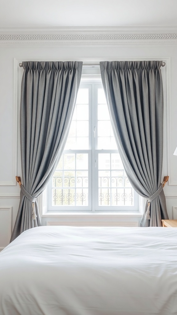 A stylish bedroom featuring grey curtains framing a window, with a white bedspread and elegant decor.