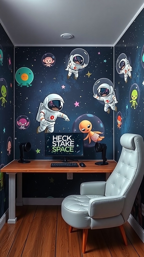 A cozy workspace with space-themed wallpaper featuring astronauts and aliens.