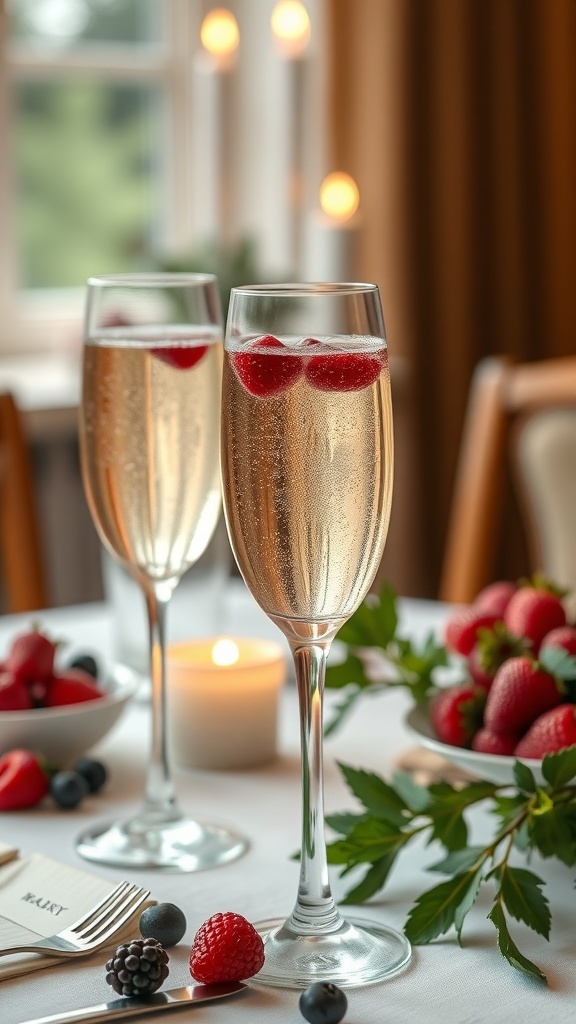 Two sparkling wine glasses with raspberries, surrounded by fresh berries and a candle.