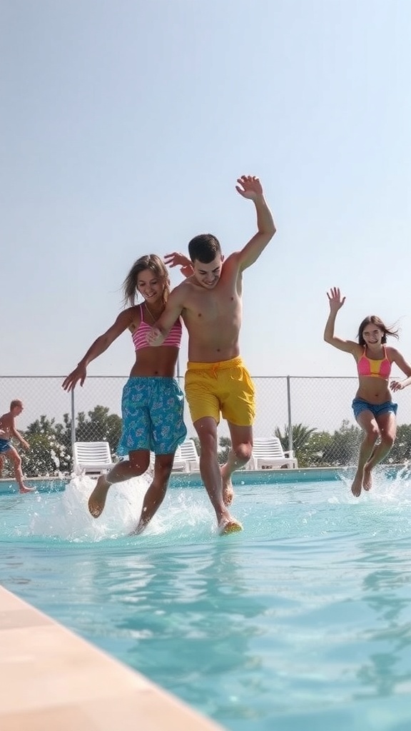 A group of young people running and jumping into a pool, creating splashes of water.